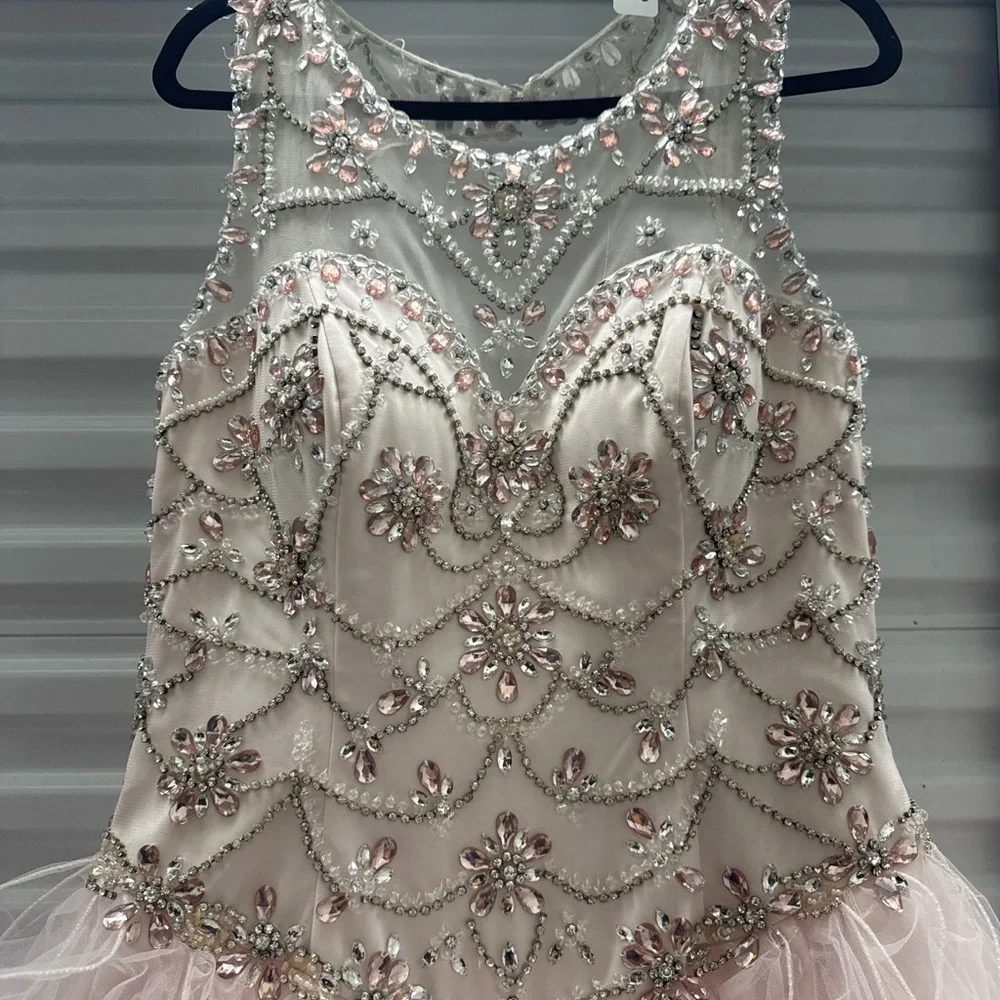 Blush Pink Ball Gown Quinceañera Prom Dress Rhinestone Corset Ruffle Tulle L/XL - Picture 4 of 14